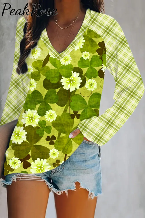 Green Daisy And Shamrock V-Neck Long Sleeve Tee