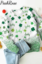 Green Glitter Lucky Leaf Clover Long-Sleeved Sweatshirt