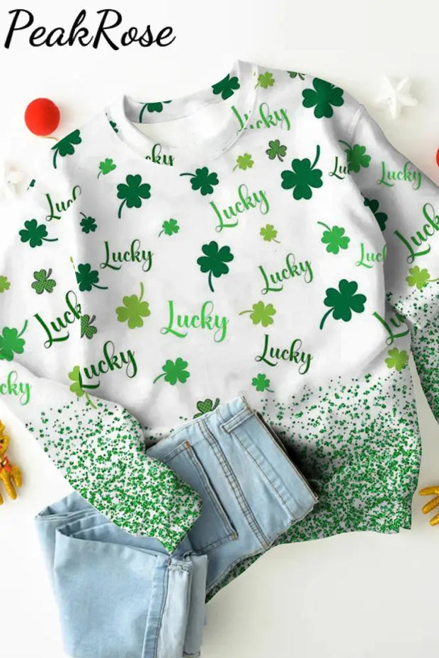 Green Glitter Lucky Leaf Clover Long-Sleeved Sweatshirt