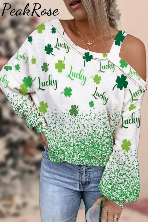 Green Glitter Lucky Leaf Clover Off-Shoulder Long-Sleeved Blouse