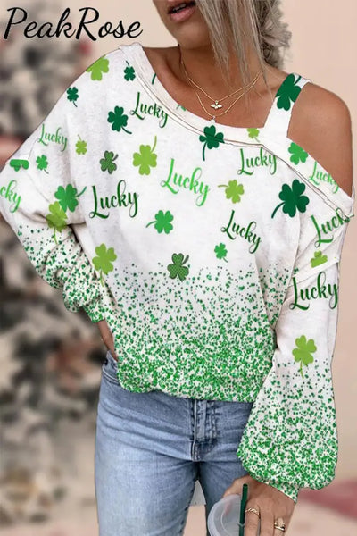 Green Glitter Lucky Leaf Clover Off-Shoulder Long-Sleeved Blouse S /