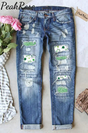 Green Glitter Lucky Leaf Clover Ripped Jeans S