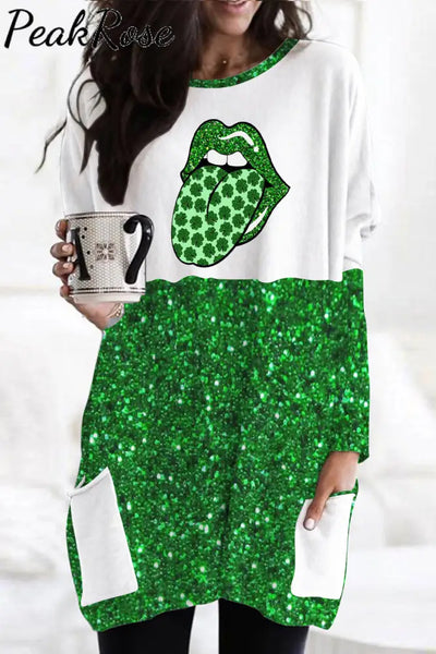 Green Glitter Shamrock Lips Loose Tunic With Pockets / S