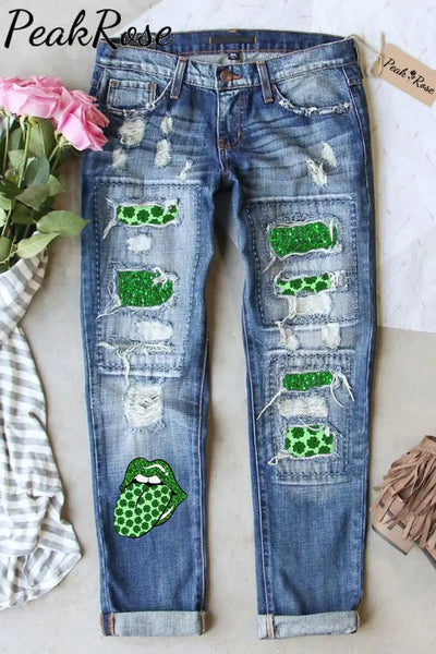 Green Glitter Shamrock Lips Print Jeans S