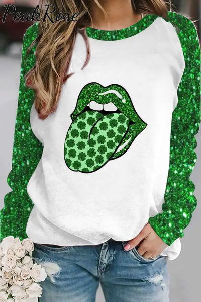 Green Glitter Shamrock Lips Print Long-Sleeved Sweatshirt / S