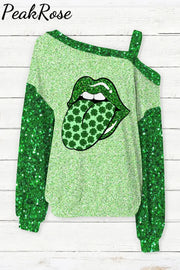 Green Glitter Shamrock Lips Print Strapless Off-Shoulder Long-Sleeved Blouse