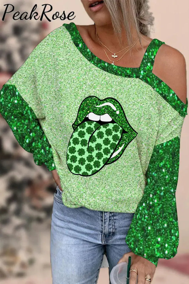 Green Glitter Shamrock Lips Print Strapless Off-Shoulder Long-Sleeved Blouse S /