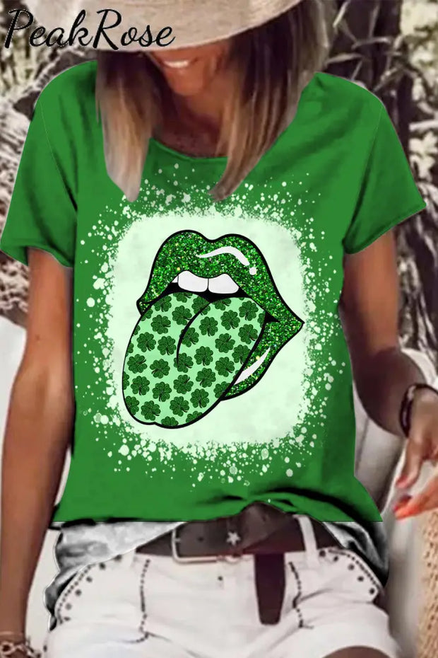 Green Glitter Shamrock Lips Short-Sleeved T-Shirt