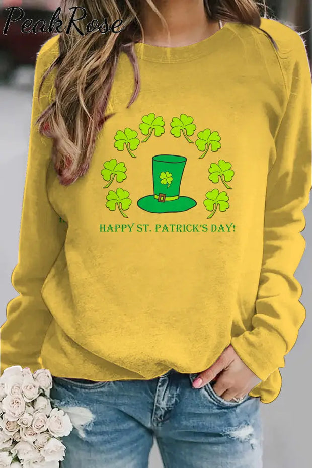 Green Hat Clover Cute Hand-Painted Print Yellow Sweatshirt