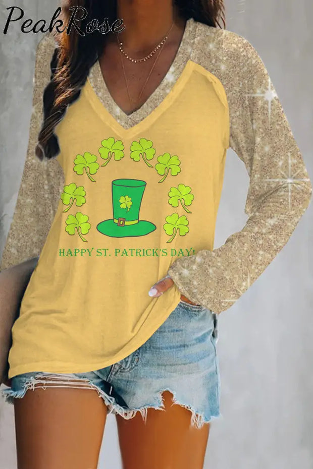 Green Hat Clover Cute Hand-Painted Print Yellow V-Neck Long Sleeve Tee