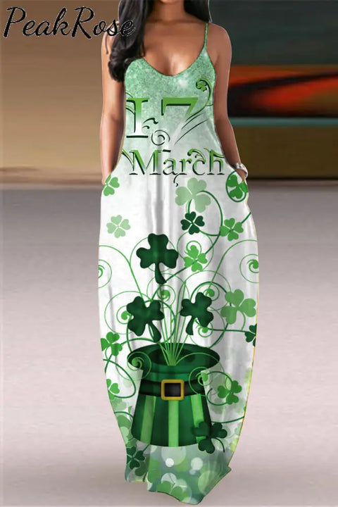 Green Hat Magic Clover Print Cami Maxi Dress