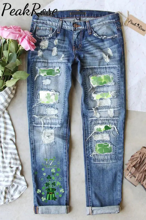 Green Hat Magic Clover Print Ripped Denim Jeans