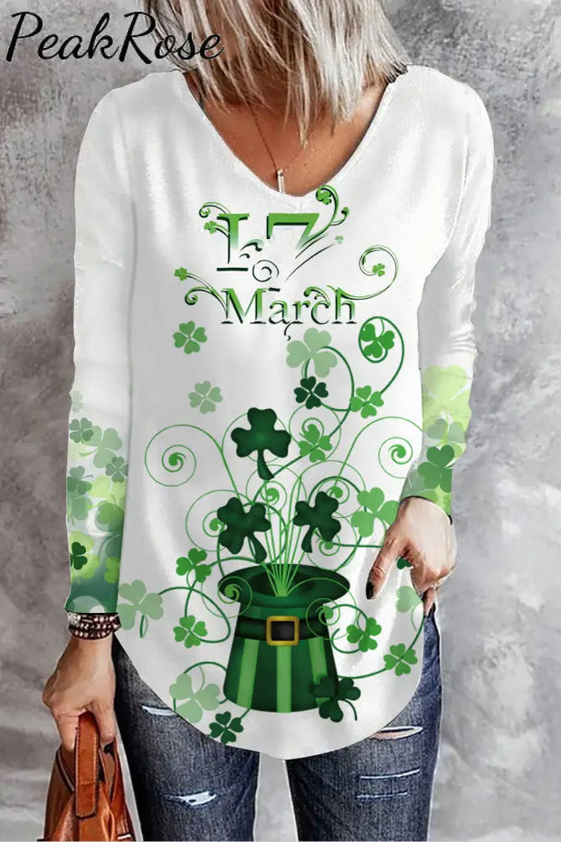 Green Hat Magic Clover Print V Neck Long Sleeve T-Shirt T-Shirt