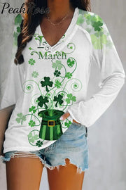 Green Hat Magic Clover Print V Neck Long Sleeve Tee