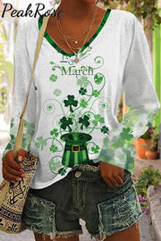 Green Hat Magic Clover Print V Neck Sweatshirt