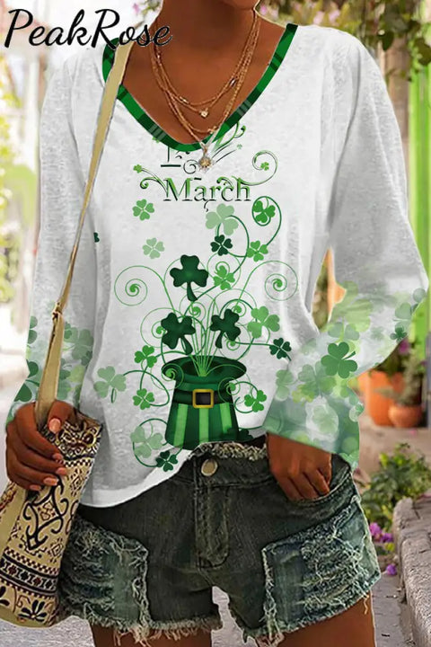 Green Hat Magic Clover Print V Neck Sweatshirt