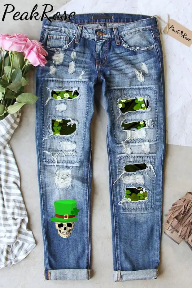 Green Hat Pirate Drinking Beer Skeleton Four Leaf Clover Casual Denim Jeans S / Blue