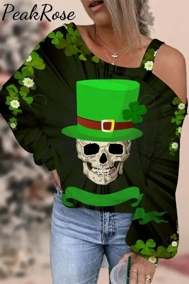 Green Hat Pirate Drinking Beer Skeleton Four Leaf Clover Off Shoulder Blouse