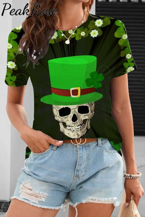 Green Hat Pirate Drinking Beer Skeleton Four Leaf Clover Round Neck Short T-Shirt