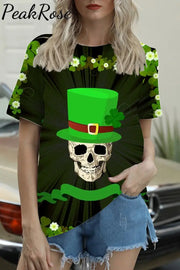 Green Hat Pirate Drinking Beer Skeleton Four Leaf Clover Round Neck T-Shirt