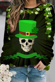 Green Hat Pirate Drinking Beer Skeleton Four Leaf Clover Sweatshirt