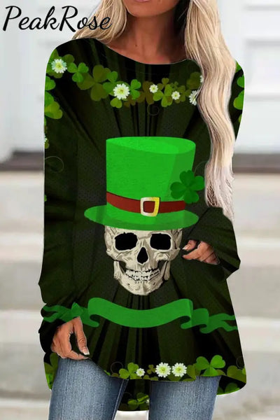 Green Hat Pirate Drinking Beer Skeleton Four Leaf Clover Tunic Black / S