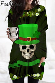 Green Hat Pirate Drinking Beer Skeleton Four Leaf Clover Tunic With Pockets