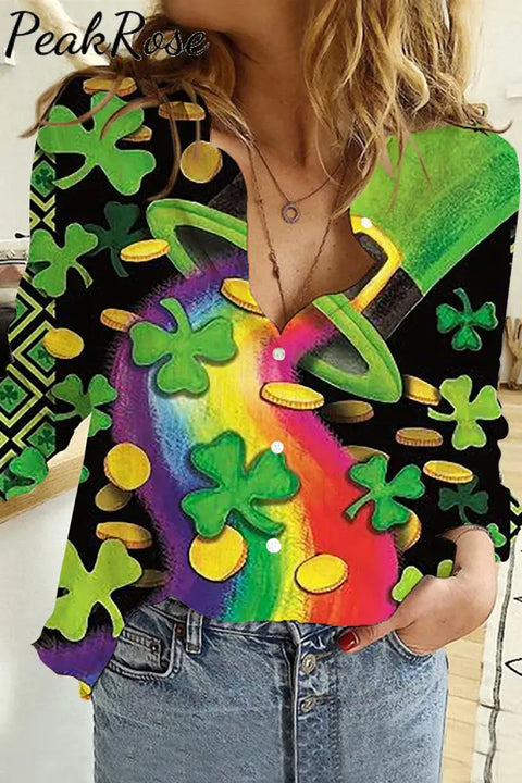 Green Hat Rainbow Gold Coin Shamrock Lucky Totem Original Long Sleeve Shirt S / Women