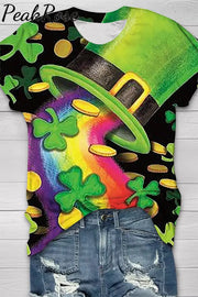 Green Hat Rainbow Gold Coin Shamrock Lucky Totem Original Round Neck T-Shirt