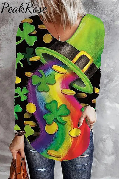 Green Hat Rainbow Gold Coin Shamrock Lucky Totem Original V Neck Long Sleeve T-Shirt S / T-Shirt