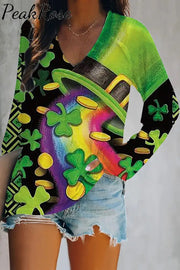 Green Hat Rainbow Gold Coin Shamrock Lucky Totem Original V Neck Long Sleeve Tee