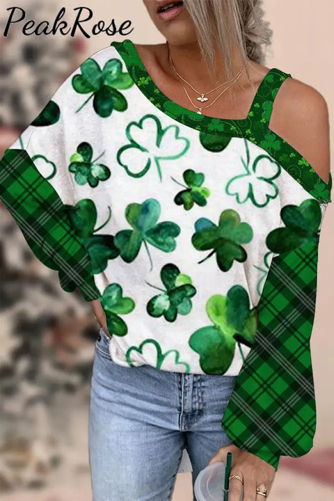 Green Ink Clover Check Print Off-Shoulder Long-Sleeved Blouse