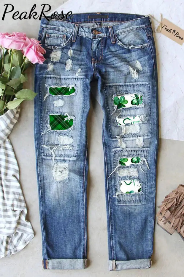 Green Ink Clover Check Print Ripped Denim Jeans S