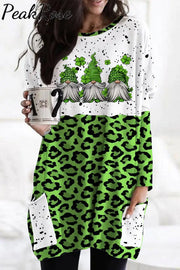 Green Leopard Leaf Clover Gnomes Loose Tunic With Pockets