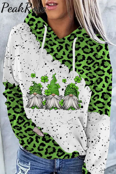 Green Leopard Leaf Clover Gnomes Print Hoodie S /