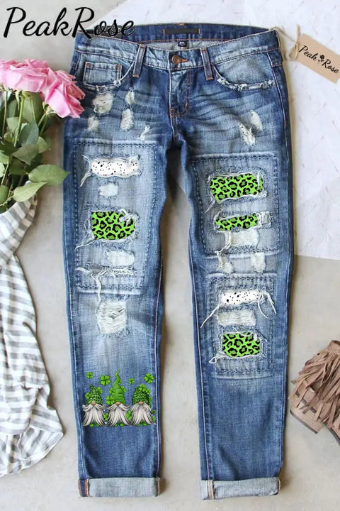 Green Leopard Leaf Clover Gnomes Print Jeans S