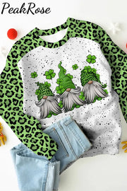 Green Leopard Leaf Clover Gnomes Print Long-Sleeved Sweatshirt