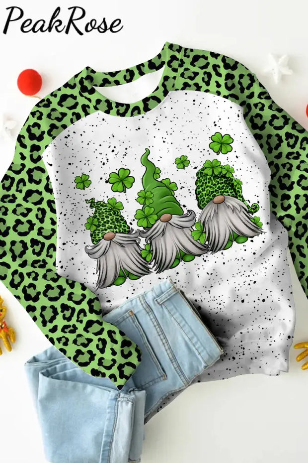 Green Leopard Leaf Clover Gnomes Print Long-Sleeved Sweatshirt