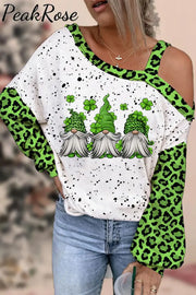 Green Leopard Leaf Clover Gnomes Print Strapless Off-Shoulder Long-Sleeved Blouse