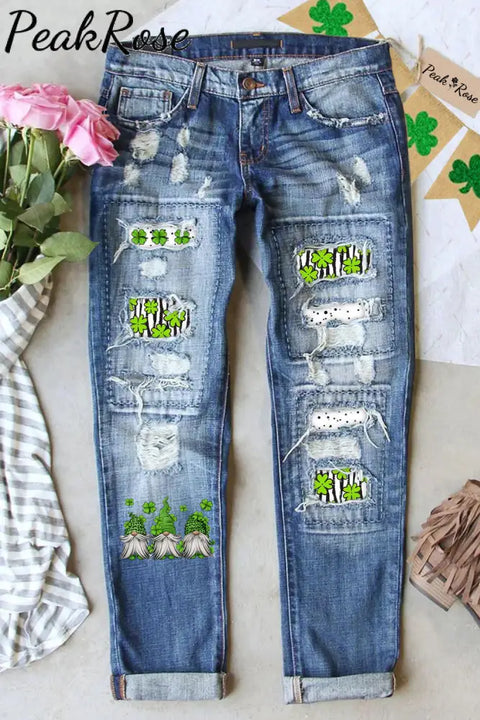 Green Leopard Lucky Clover Gnomes Polka Dots Print Ripped Denim Jeans S