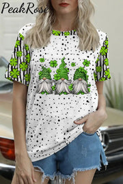 Green Leopard Lucky Clover Gnomes Polka Dots Print T-Shirt