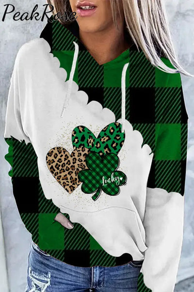 Green Leopard Plaid Lucky Hearts Hoodie / S