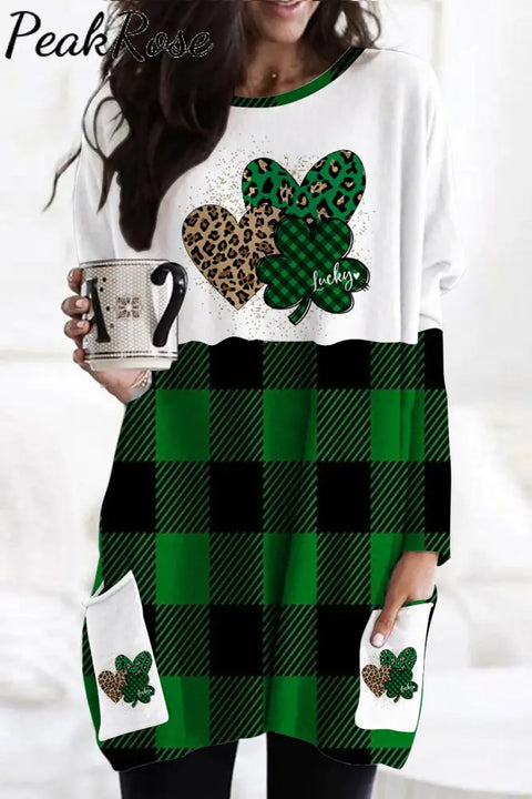 Green Leopard Plaid Lucky Hearts Loose Tunic With Pockets / S