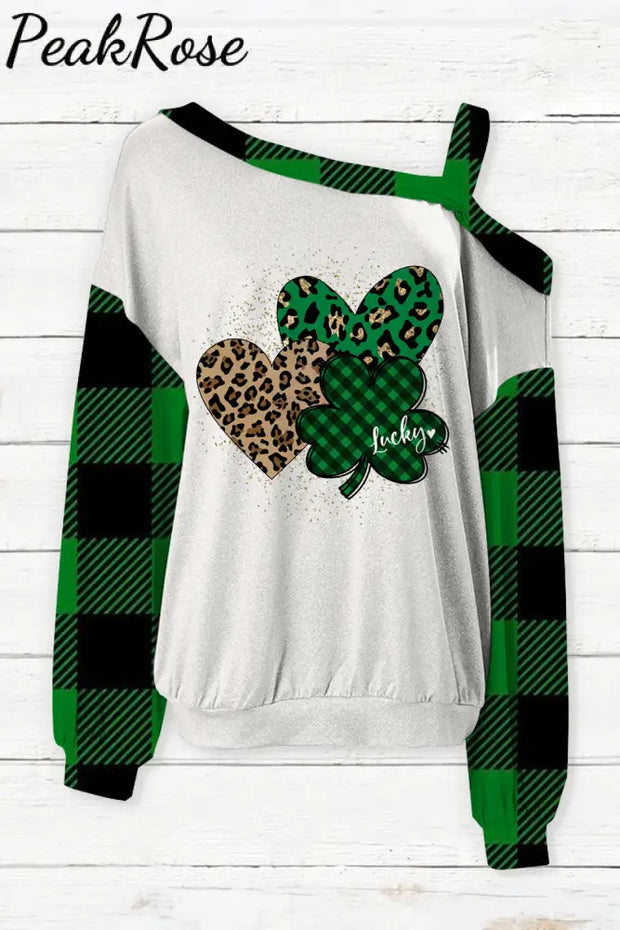 Green Leopard Plaid Lucky Hearts Off-Shoulder Blouse