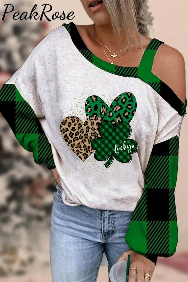 Green Leopard Plaid Lucky Hearts Off-Shoulder Blouse S /