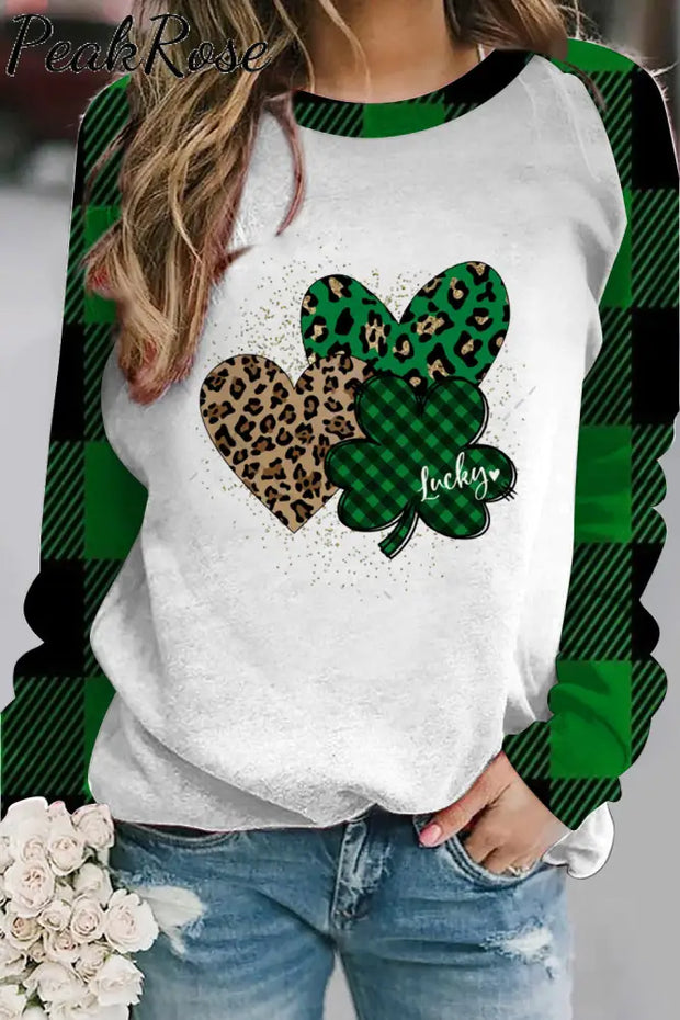 Green Leopard Plaid Lucky Hearts Sweatshirt S /