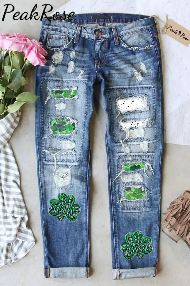 Green Leopard Shamrocks Polka Dots Ripped Denim Jeans S