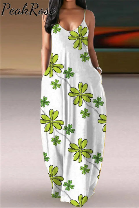 Green Lucky Clover Full Print Cami Maxi Dress