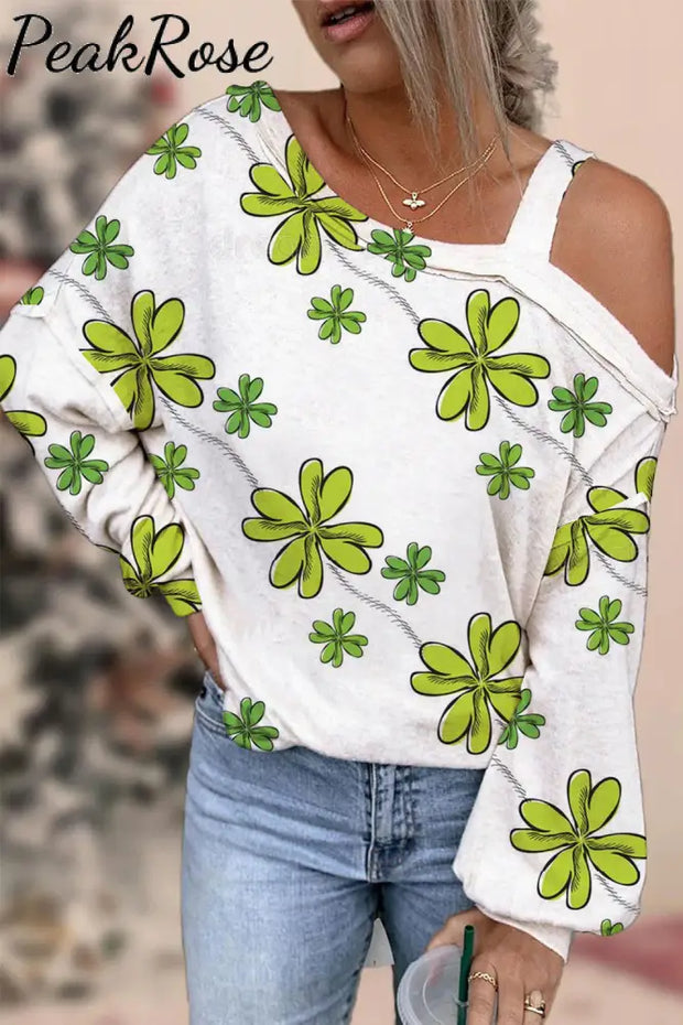 Green Lucky Clover Full Print Off-Shoulder Blouse