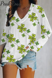 Green Lucky Clover Full Print V Neck Long Sleeve Tee